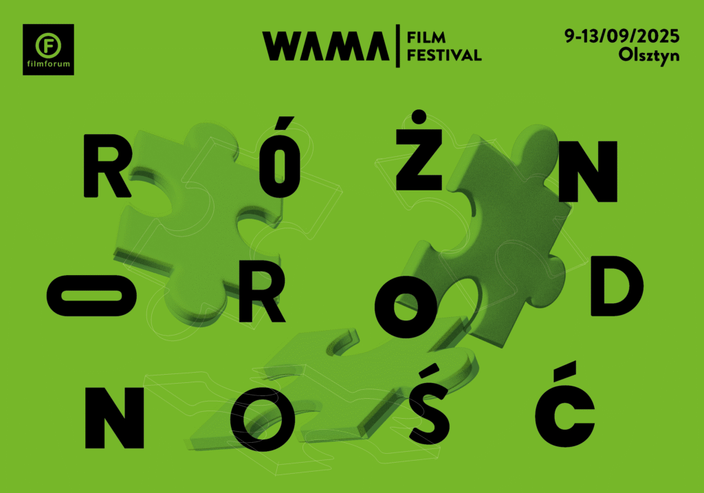 Plakat 12. edycji WAMA Film Festival. Trzy zielone puzzle na zielonym tle. Napis "RÓŻNORODNOŚĆ".