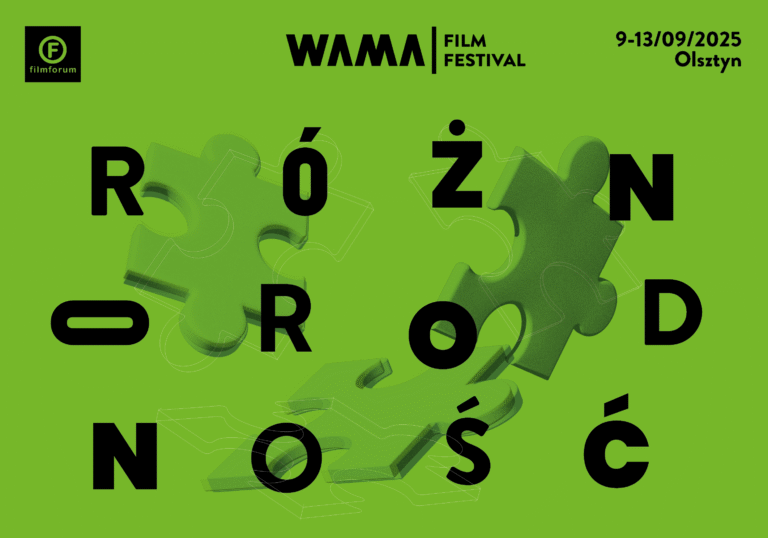 Plakat 12. edycji WAMA Film Festival. Trzy zielone puzzle na zielonym tle. Napis "RÓŻNORODNOŚĆ".